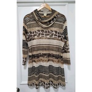 Jess And Jane Brown Multi Pattern Sheer Stretch Oversized Cowl Neck Tunic Top XL